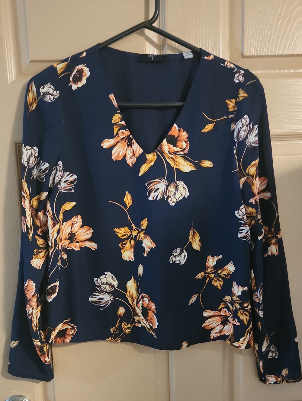 Tahari Floral V-Neck Navy Blouse Sz SM